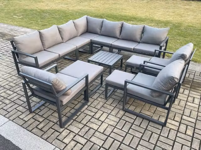 Fimous 13 Seater Outdoor Garden Furniture Set in Dark Grey, featuring a Powder Coated Aluminium L-Shape Corner Sofa, Square Coffee Table, 3 Chairs and 3 Matching Ottomans with Upholstered Cushions