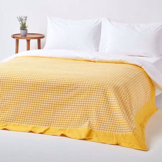 Homescapes Cotton Gingham Check Throw in Beige and Yellow, W: 200 cm