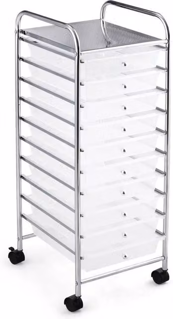 Kelvenix Mobile Rolling Utility Cart with 10 Drawers, White Storage Trolley with Castors