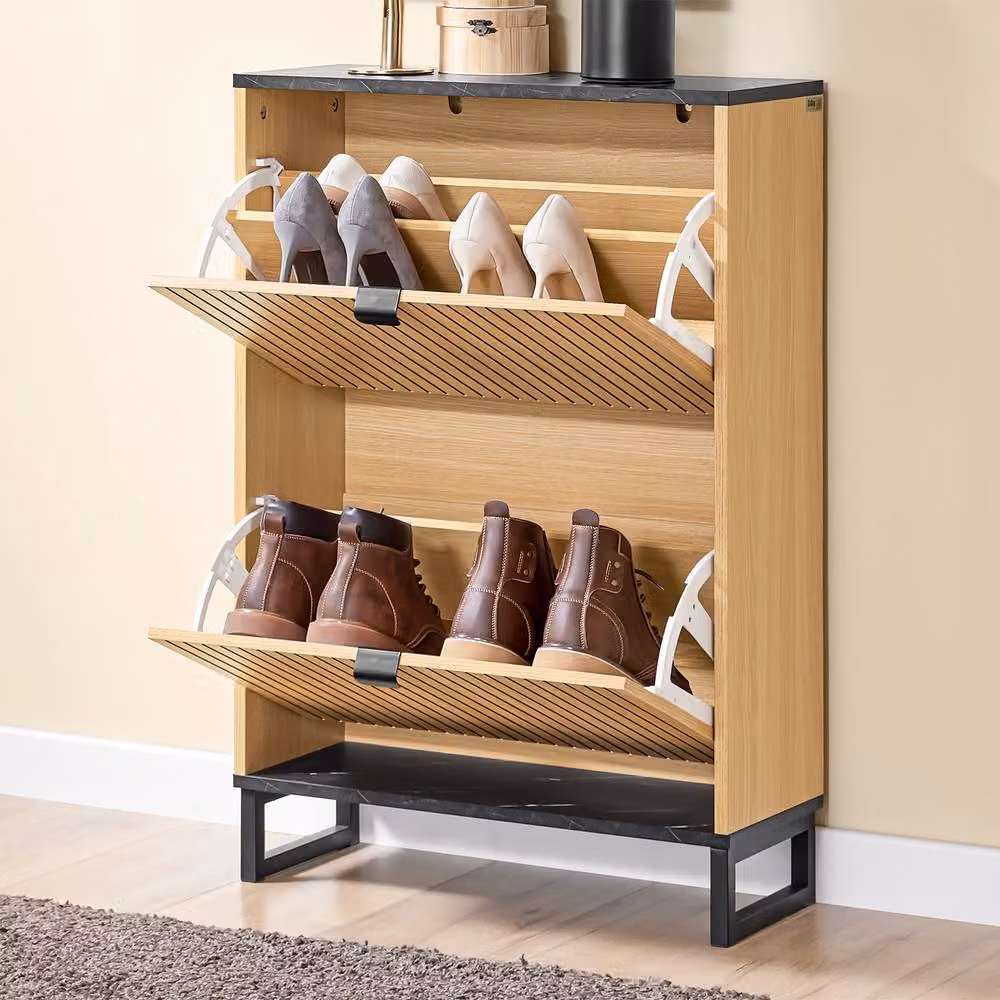 SoBuy Slim Modern Shoe Cabinet in Oak and Black with Tilting Compartments – 3