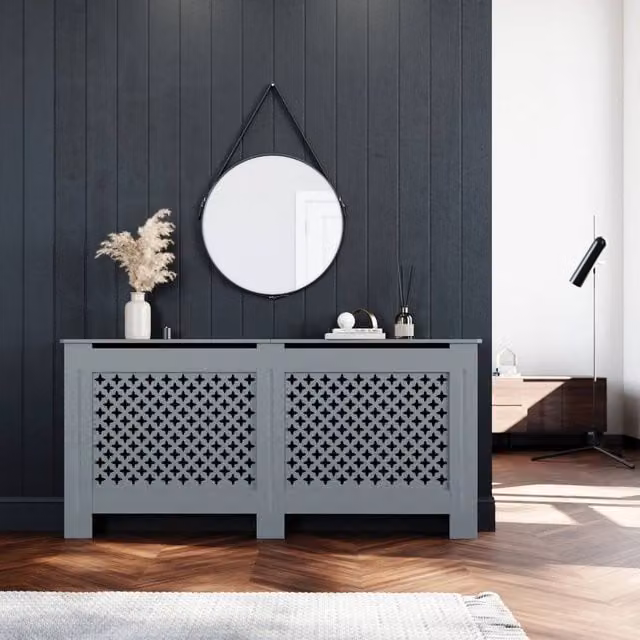 ERGOVEXA Grey MDF Wood Radiator Cover Wall Cabinet with Geometric Cross Grill Shelf