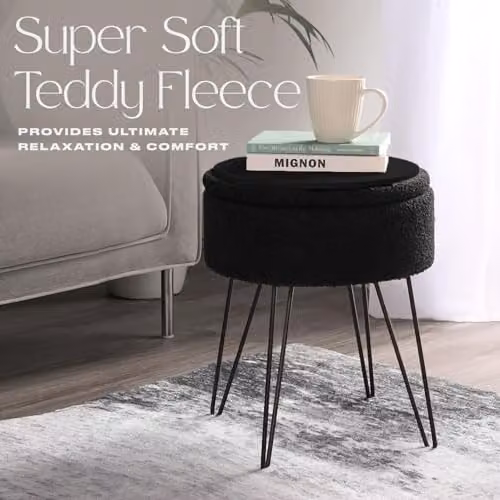 OHS Black Boucle Fabric Round Footstool with Storage and Hairpin Legs, W/D/H: 37 x 37 x 45 cm – 3