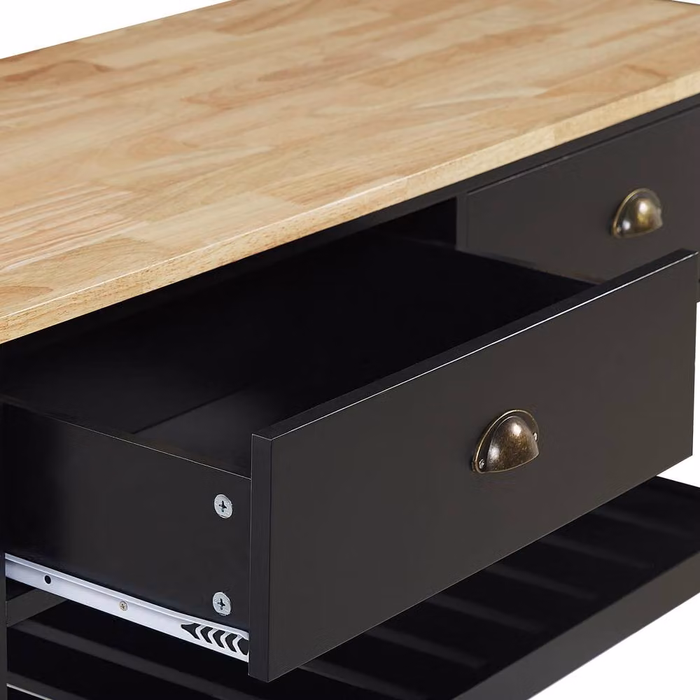 Wyld and Coco Nordic Scandinavian Kitchen Trolley in Black with Rubberwood Top, 2 Drawers and 2 Shelves – 5