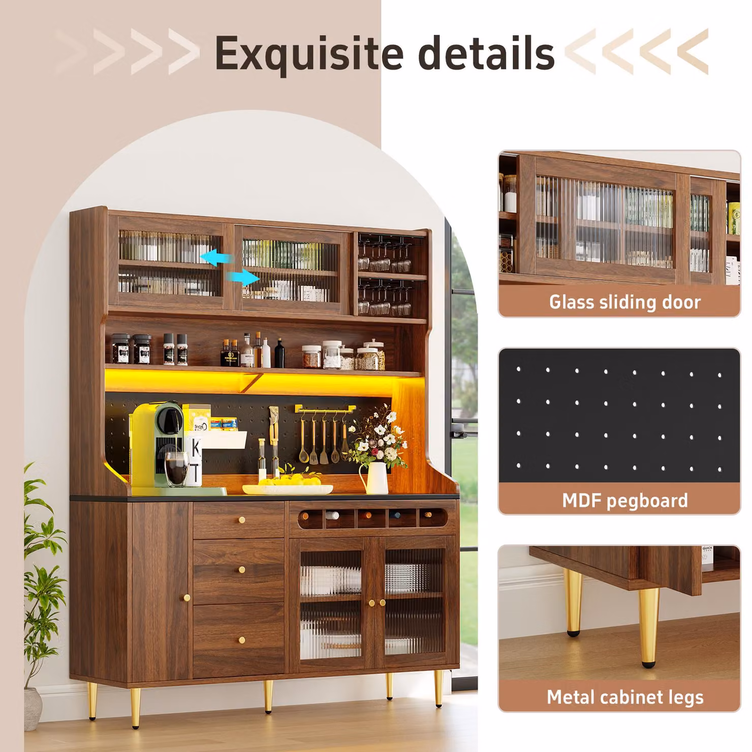 Aosom UK Modern Freestanding Highboard with LED Lighting and Glass Doors in Brown, W: 39 cm, D: 39 cm, H: 171 cm – 4
