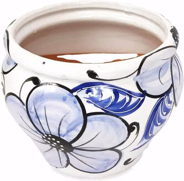 Verano Spanish Ceramics Hand Painted Blue and White Flower Bola Planter, W/D/H: 25 x 25 x 21 cm