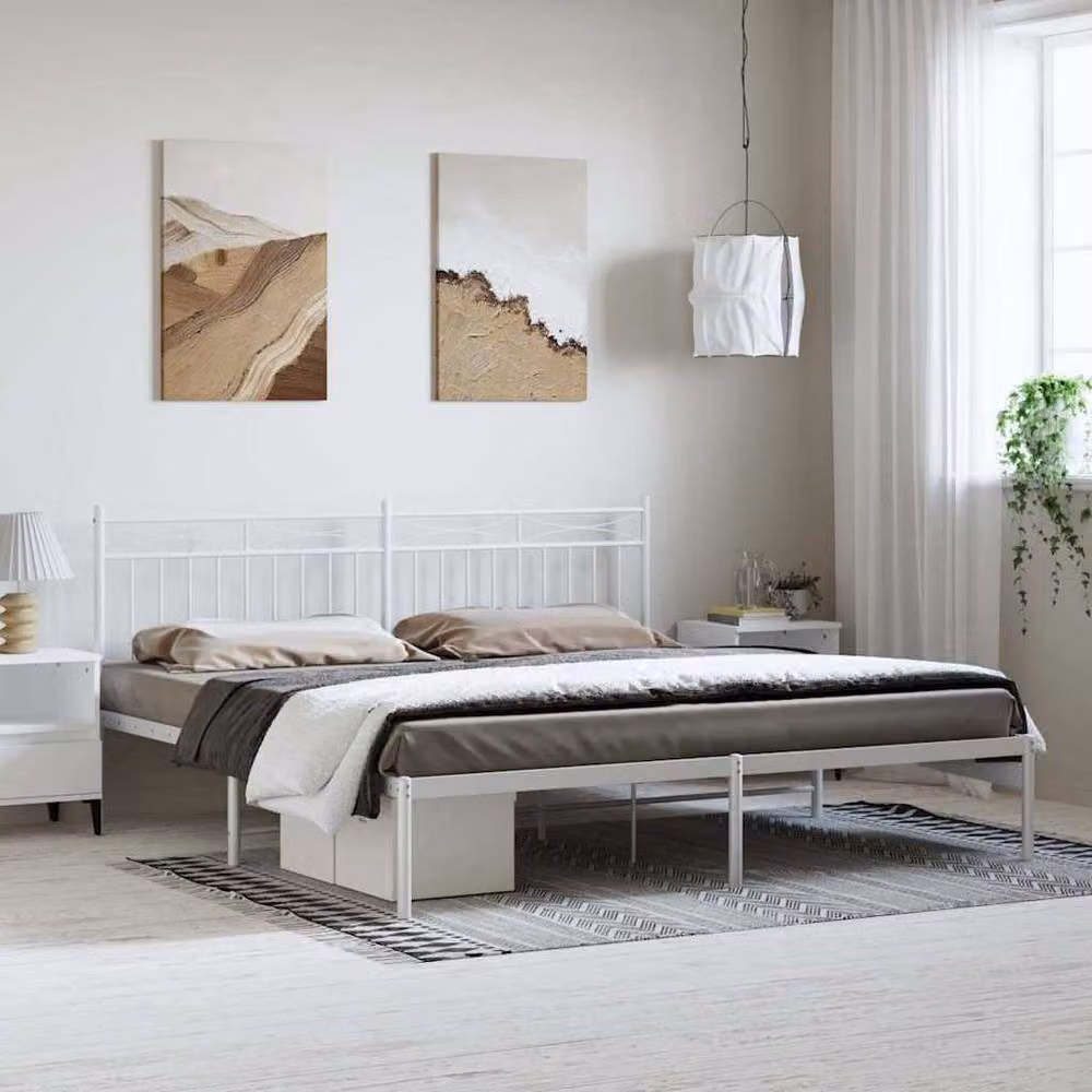 Berkfield Home Metal Bed Frame with Headboard in White 193 x 203 cm – 2