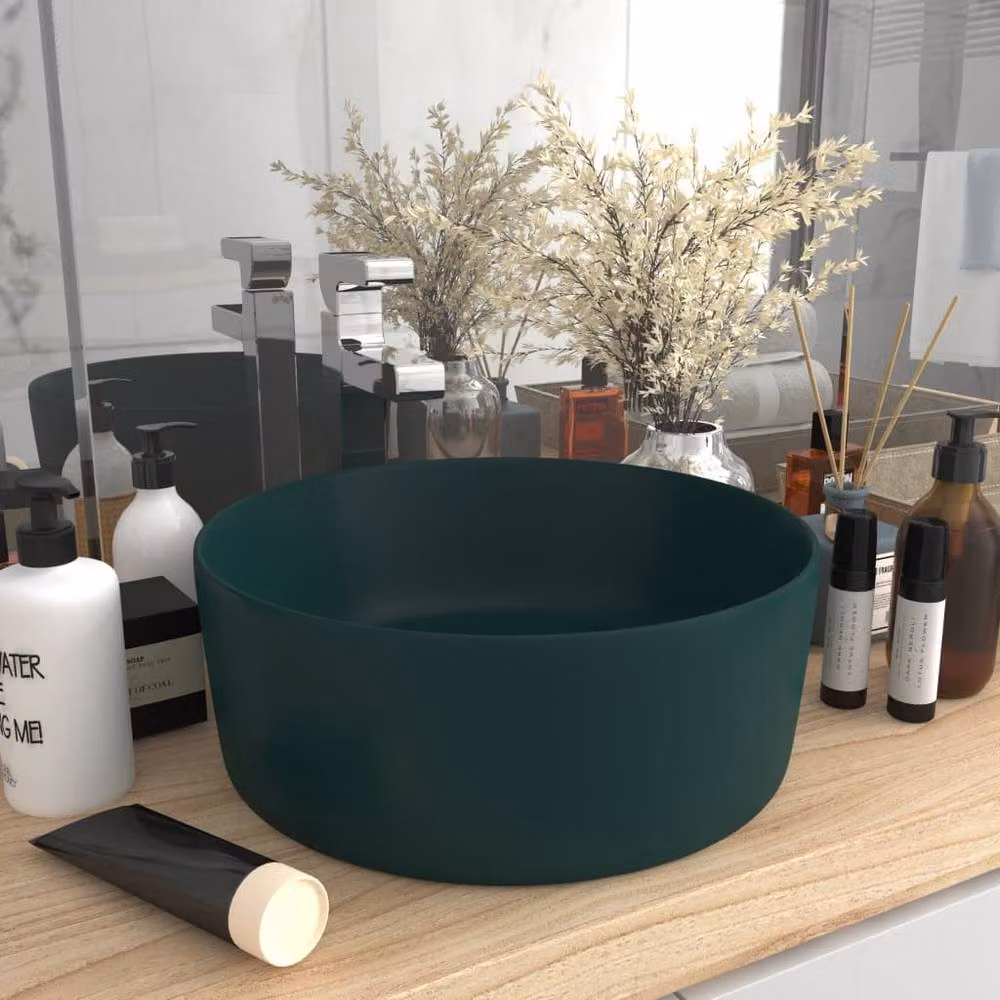Berkfield Home Luxury Round Ceramic Countertop Wash Basin in Matt Dark Green, Diameter: 40 cm, Height: 15 cm – 2