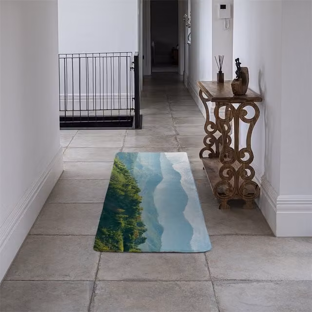 Benjamin Tate Design LTD Designer Runner Rug with Blue and Multicolour Rural Scenery Design
