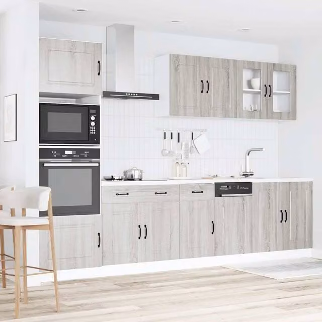Berkfield Home Kalmar 7 Piece Kitchen Cabinet Set in Grey Sonoma Matt Engineered Wood with Glass Doors