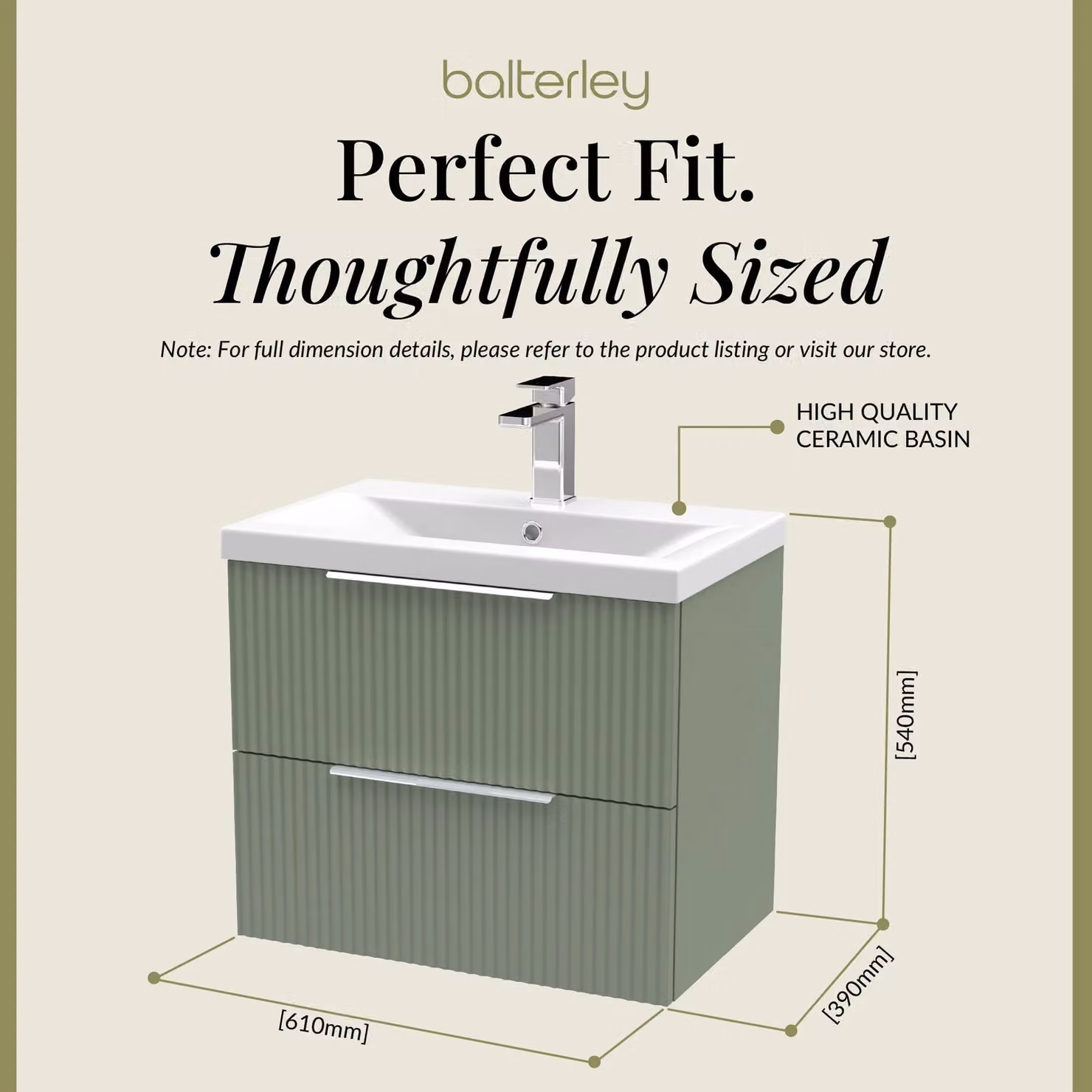 Balterley Fluted Wall Hung 2 Drawer Vanity Basin Unit and Basin, Satin Green, Width: 60 cm – 3