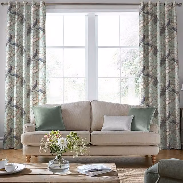 Laura Ashley Belvedere Made to Measure Blackout Eyelet Curtains in Duckegg Blue and Green Floral Fabric