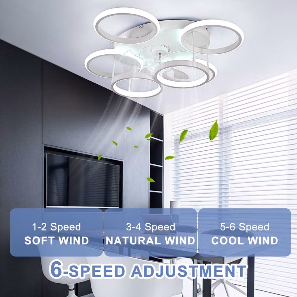 NIVOR Modern Low Profile LED Ceiling Fan with 6 Ring Dimmable Lights, White – 2