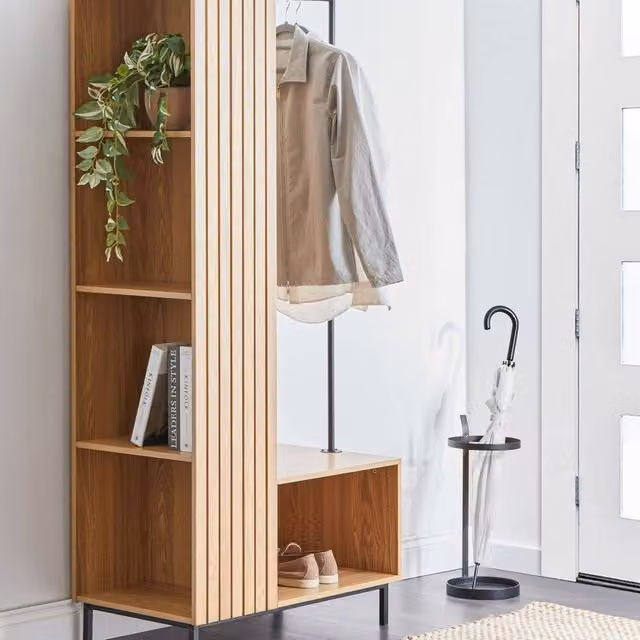 Wyld and Coco Five-Shelf Open Wardrobe with Clothing Rail, Brown, H 175 x W 76 x D 45 cm