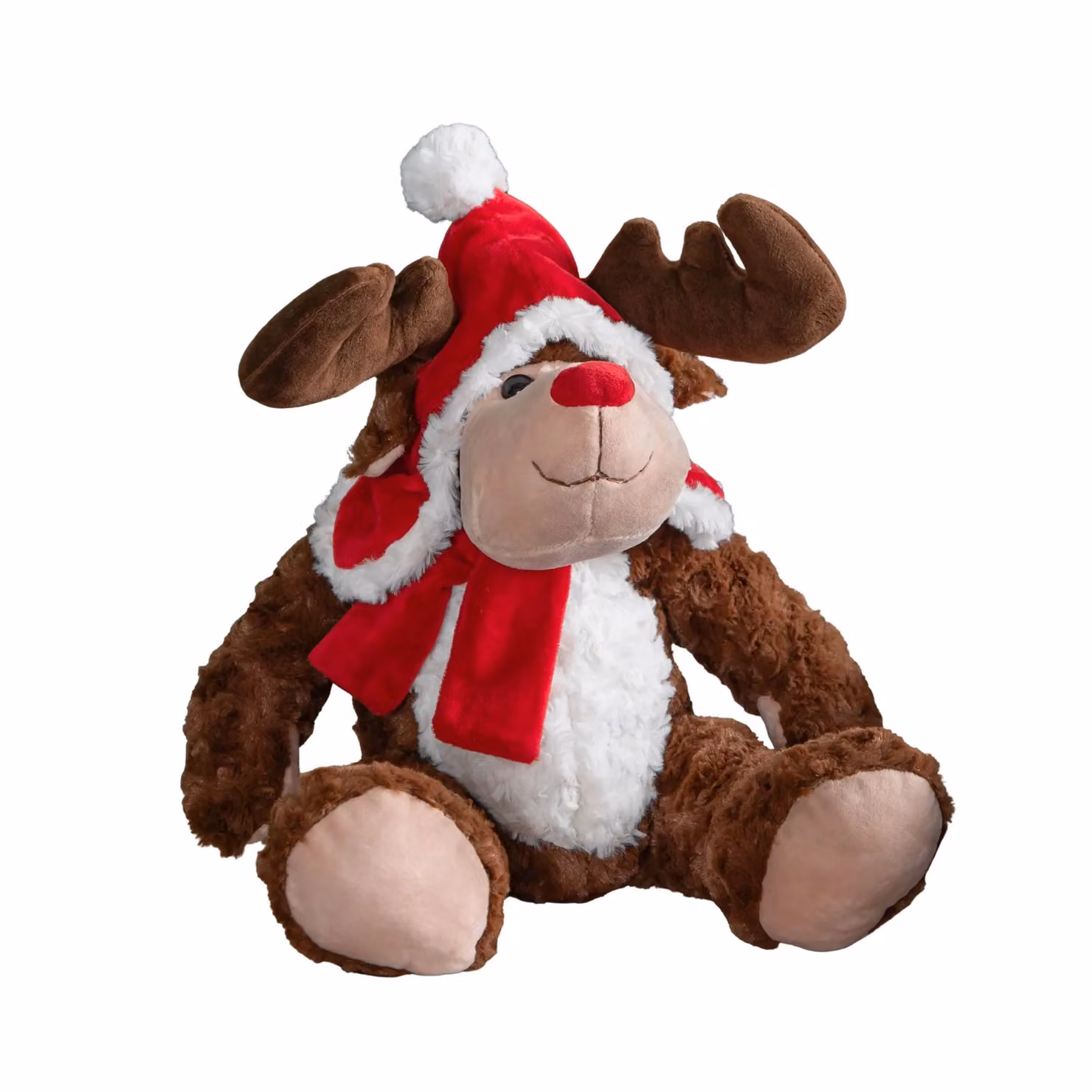 Samuel Alexander Brown Sitting Plush Christmas Reindeer with Red Hat and Scarf, Height: 30 cm – 6