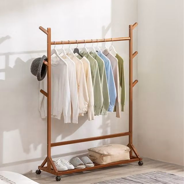 Komore Minimalist Bamboo Coat Rack with Clothes Rail and Side Hooks in Brown