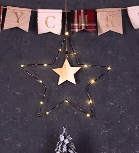 St Helens Home & Garden Battery Powered White Metal Christmas Star with Central Wooden Star and LED String Lights – 1