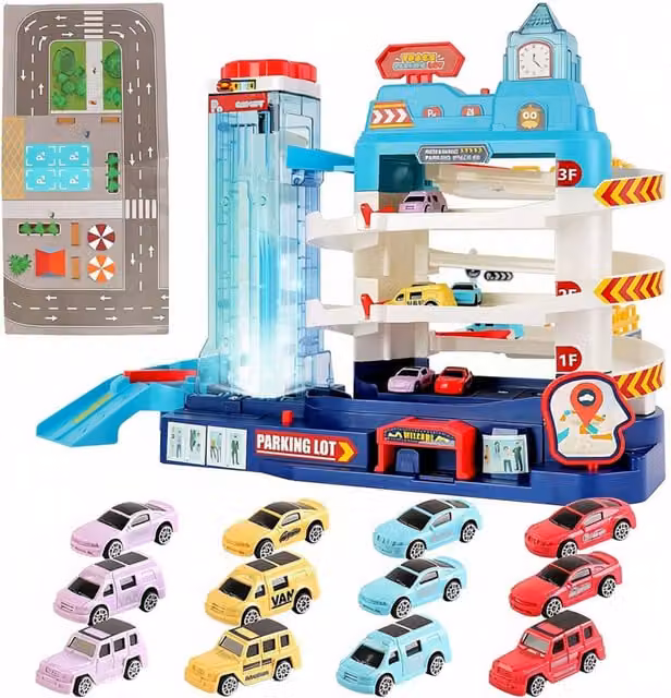 deAO Multicolour Vehicle Garage Race Track Toy Set with Electric Elevator and Vehicles, W/D/H: 36.0 x 12.0 cm