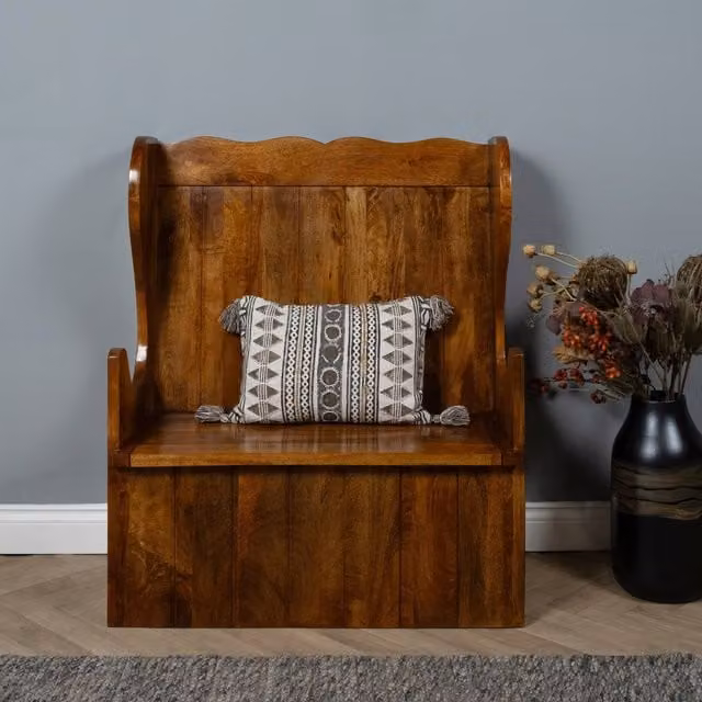 Elm Home and Garden Solid Mango Wood Monks Hall Shoe Lift Lid Storage in Brown