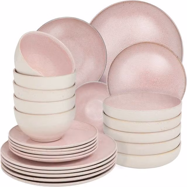 tectake Mare Glazed Stoneware Dinner Set for 6 People in Pink