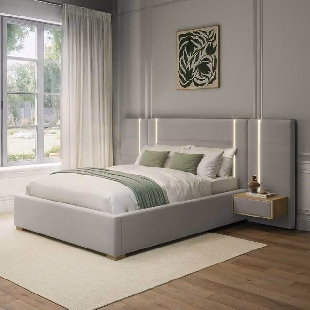 X Rocker Amelia Grey Velvet Ottoman Hotel Bed with App-Controlled LED Lights and Nightstands, W/D/H: 180 x 200 cm