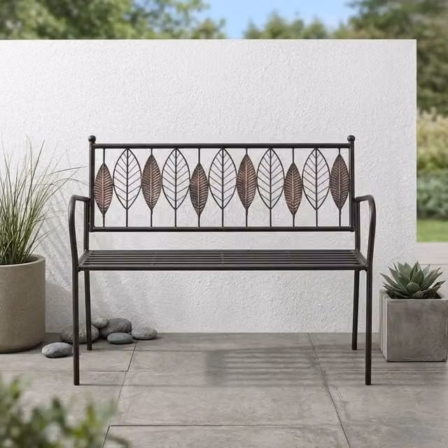Garden Greatness Arboretum Leaf Rustic Metal Garden Bench in Brown