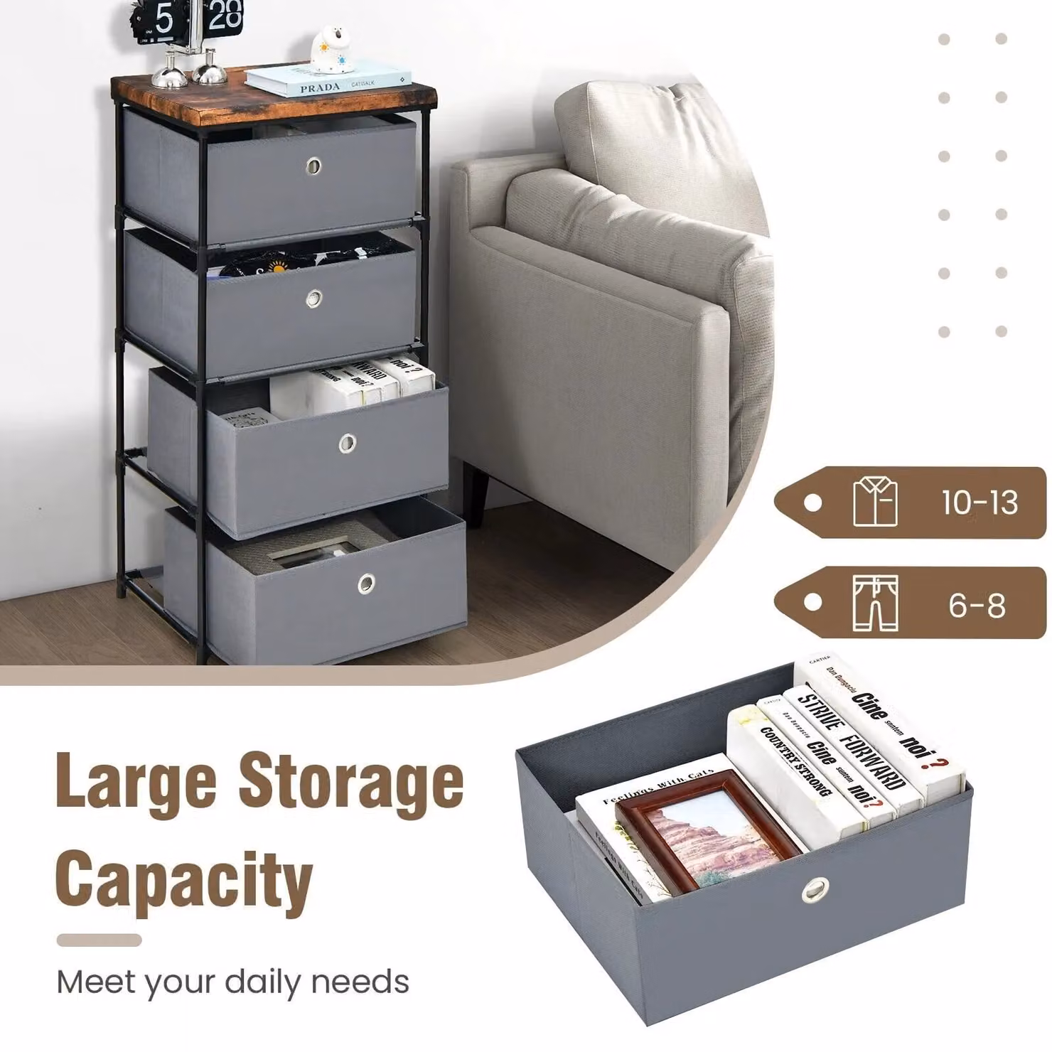 Costway 4-Tier Fabric Dresser and Storage Organizer Tower in Grey – 6