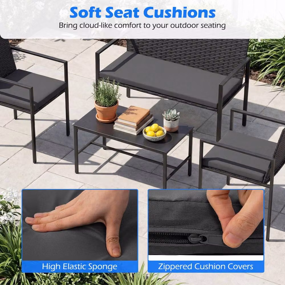 Costway 4-Piece Grey Polyrattan Patio Furniture Set with 2-Seater Sofa, Armchairs, Coffee Table and Upholstered Cushions – 4