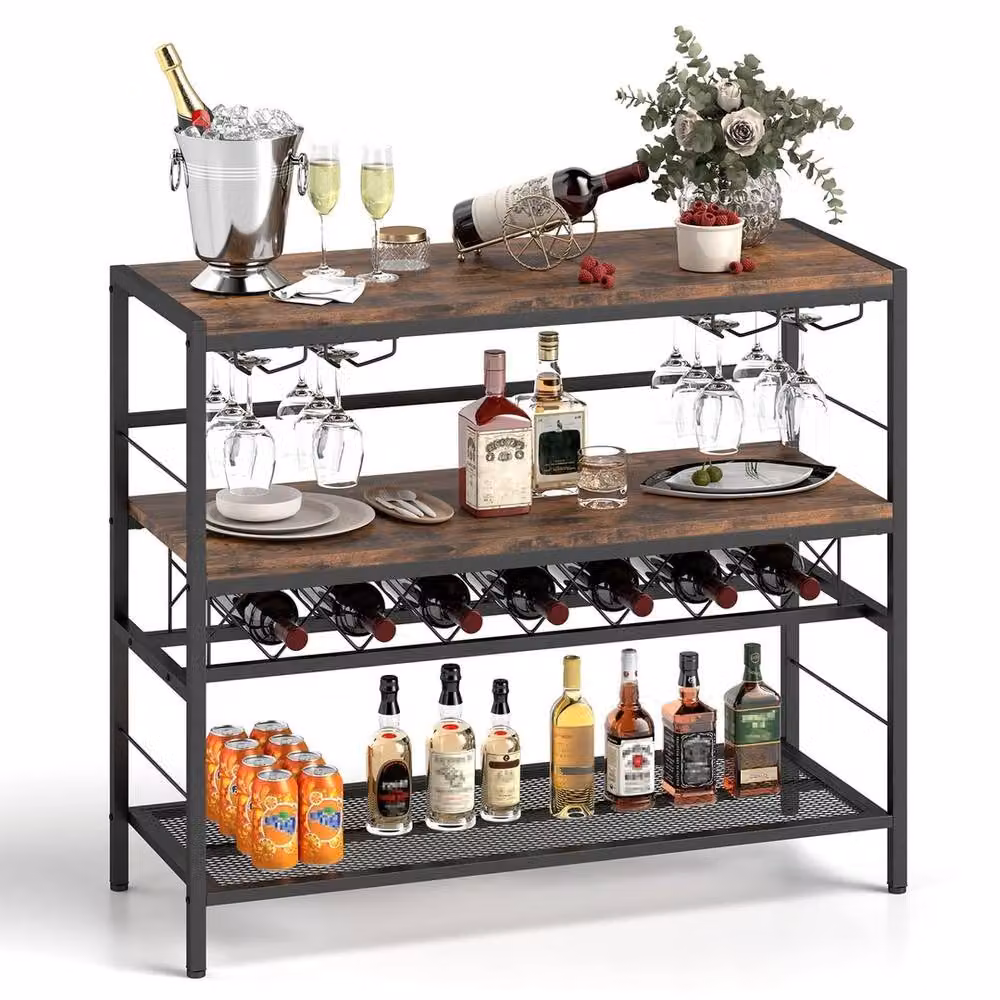 VOGREX Brown Industrial Freestanding Wine Bar Table with 4 Glass Holders, Width: 104 cm – 2
