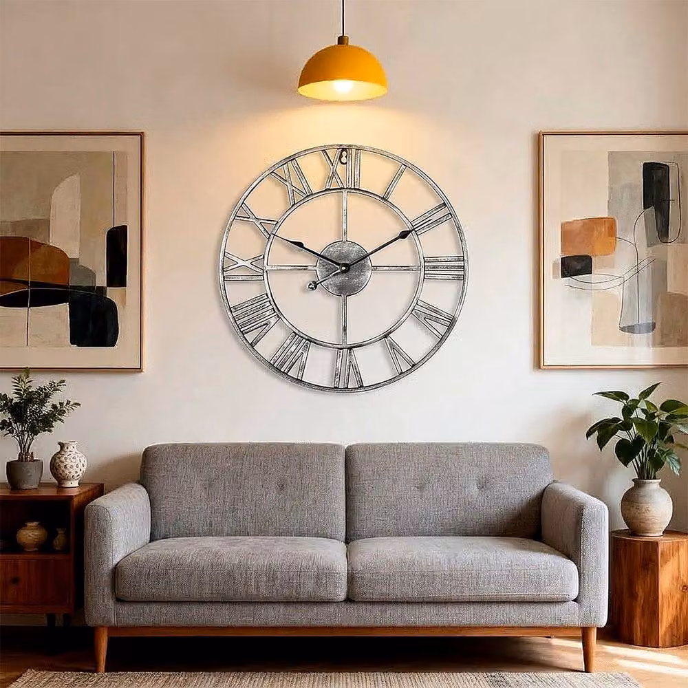 YnysTec Large Skeleton Metal Wall Clock with Roman Numerals in Silver, Diameter: 60 cm – 2