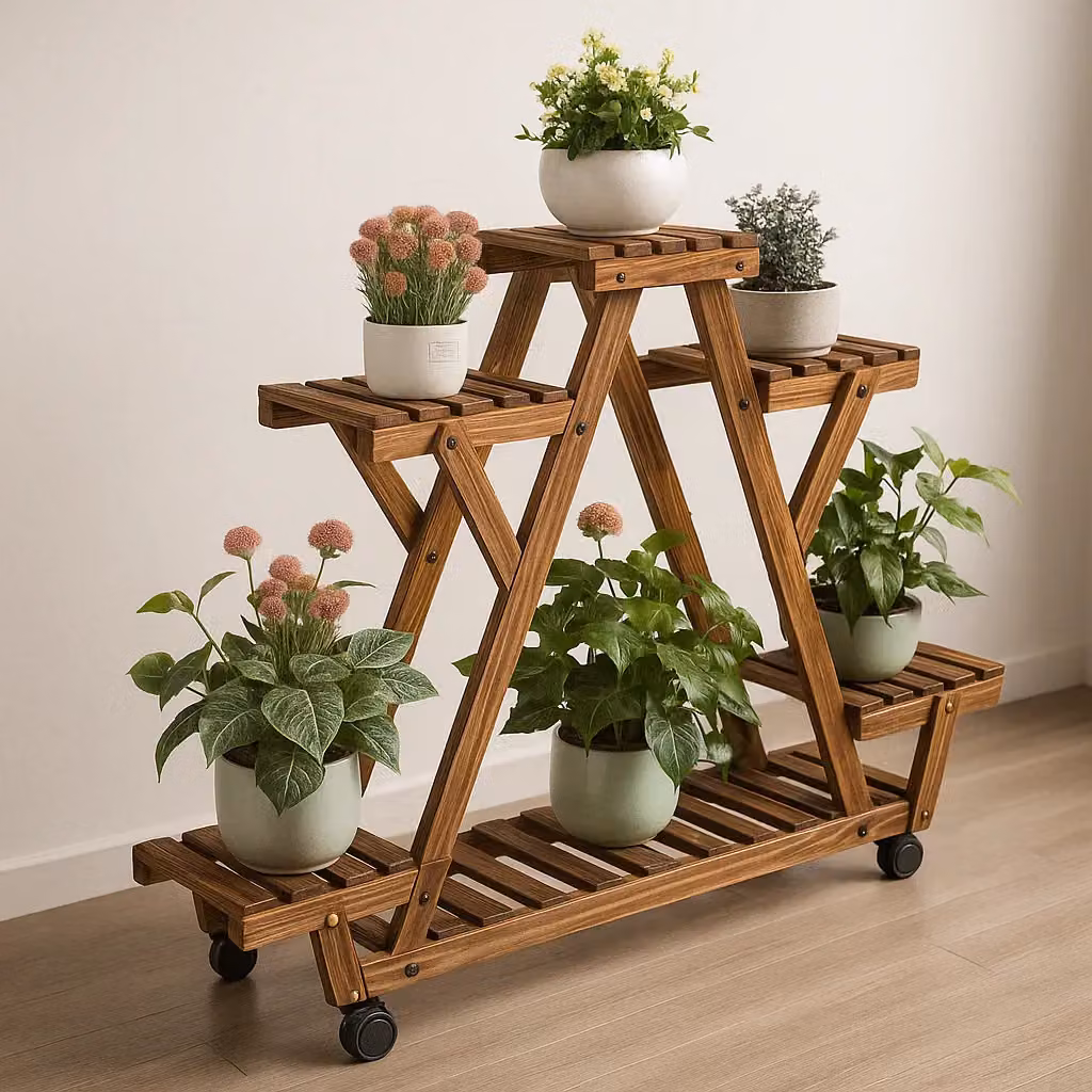 Rafaelo Mobilia 6 Tier Brown Bamboo Wooden Plant Stand with Lockable Wheels – 2