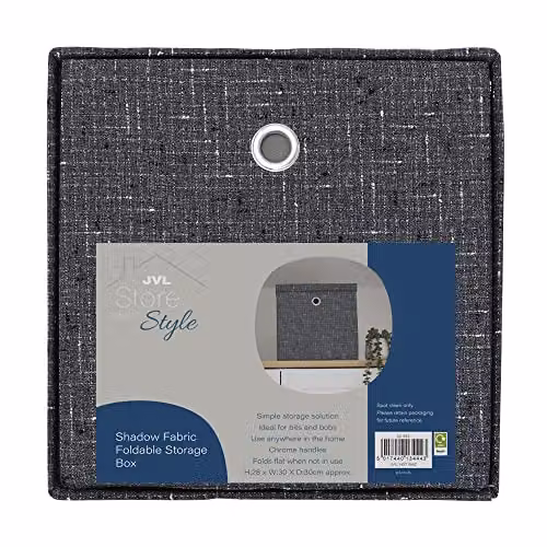JVL Shadow Foldable Square Fabric Storage Box with Lid and Handles in Grey, W/D/H: 30 x 30 x 25 cm – 5