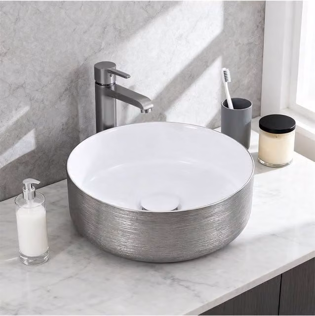 Living and Home Round Ceramic Countertop Vessel Washbasin Sink in Silver