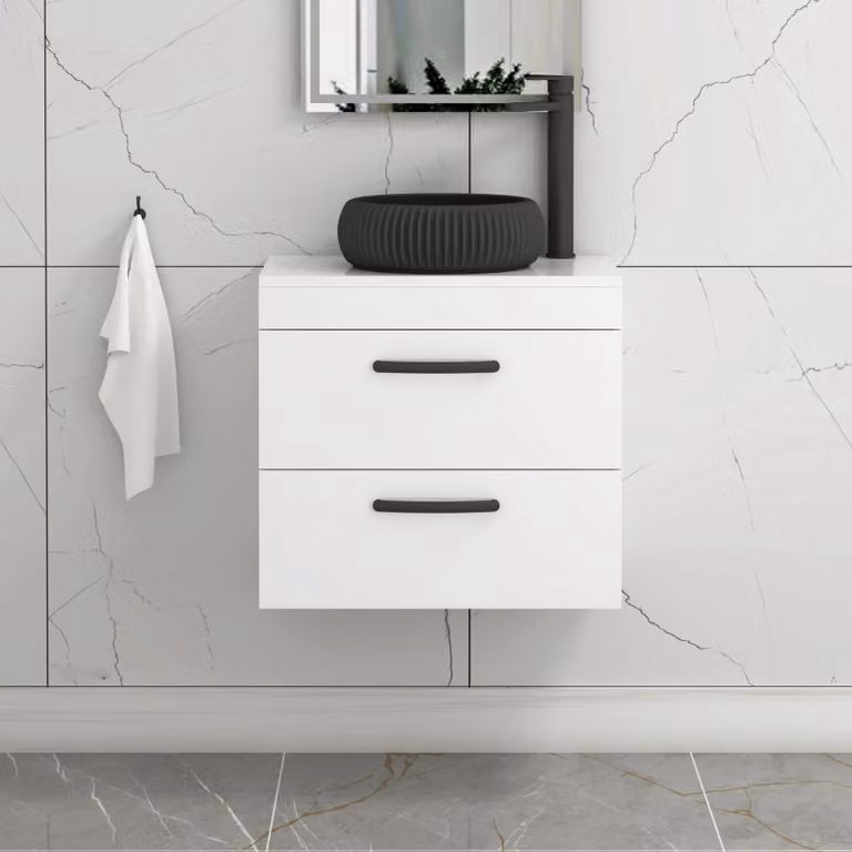 Royal Bathrooms Turin 600mm Wall Hung Vanity Unit with 2 Drawers and Milan Black Countertop Basin in Gloss White