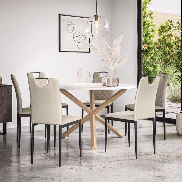 More4Homes Malvern Round Marble Effect Dining Table Set with Oak Legs, Beige, 6 Seater, W/D/H: 120 x 120 x 75 cm