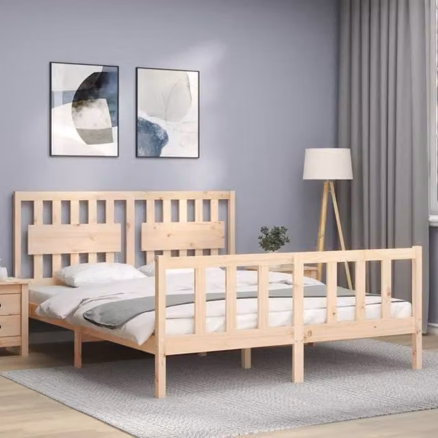 Berkfield Home Beautiful Bed Frame with Headboard in Light Brown Solid Pine Wood, W/D/H: 160 x 200 x 165.5 cm