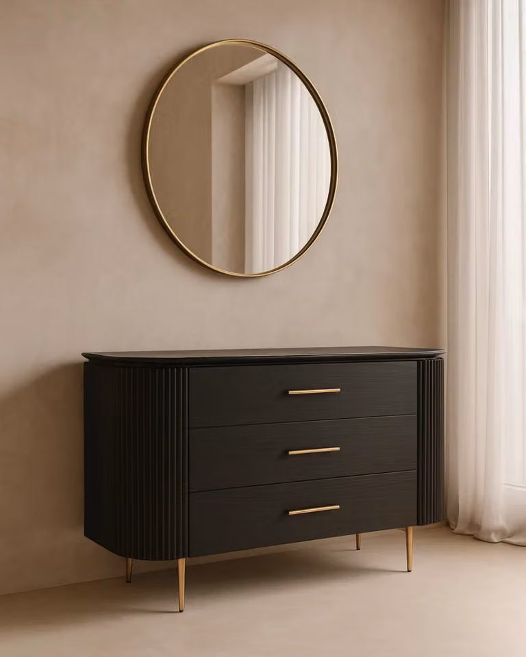 Tommy Franks Modern Black Oak Dresser with Gold Accents and Soft Close Drawers, H: 80 cm, W: 140 cm, D: 50 cm