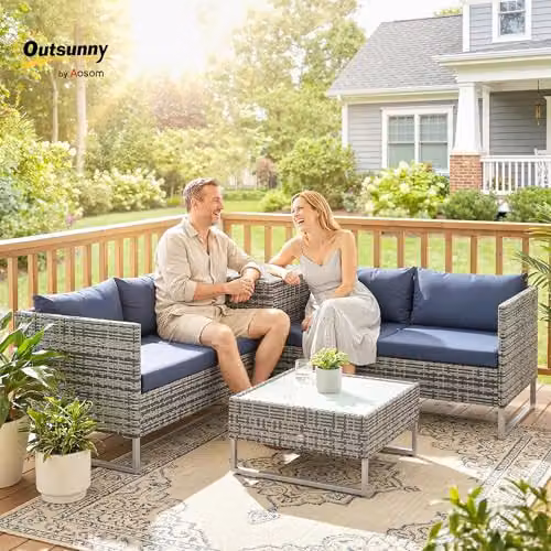 Outsunny 4 Seater L-Shape Rattan Garden Furniture Set with Storage Table and Blue Cushions – 2