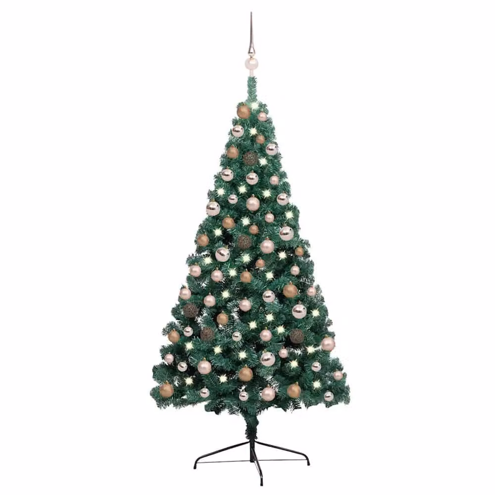 Berkfield Home Beautiful Artificial Half Pre-lit Christmas Tree with Green and Gold Ball Set, H 150 cm x W 95 cm x D 48 cm – 2