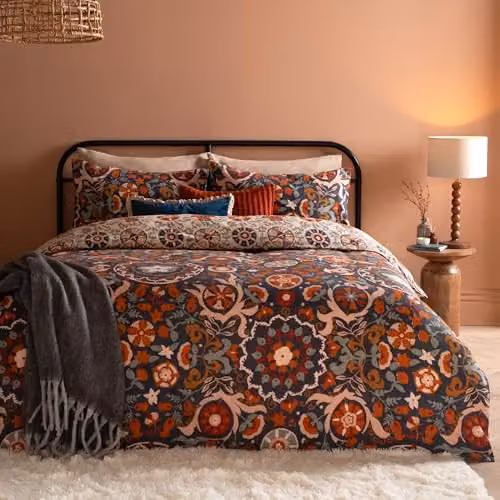 Riva Home Reversible Floral Ethnic Cotton Blend Duvet Cover Set in Blue and Multicolour, 200 x 200 cm