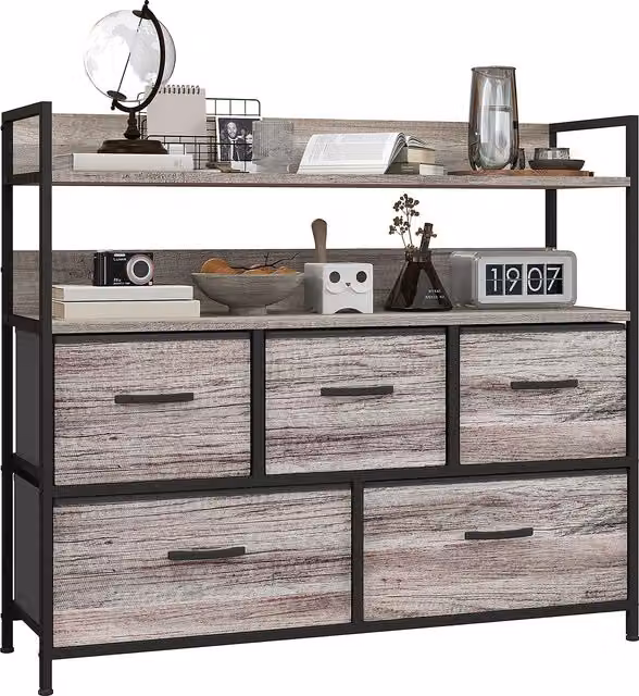 HOMCOM Rustic Grey Wood Effect Chest of Five Fabric Drawers – 1
