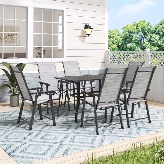 Komore Modern Metal Coffee Table and 6 Folding Chairs Set in Black and Grey, W/D/H: 150 x 90 x 75 cm