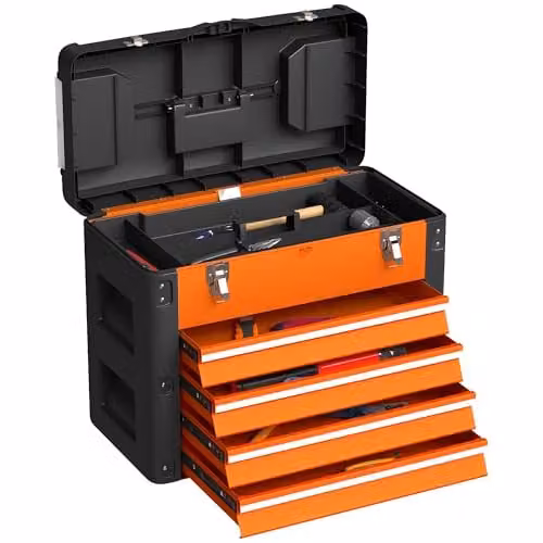 HOMCOM Large 4 Drawer Steel Toolbox with Inserts, Orange – 1