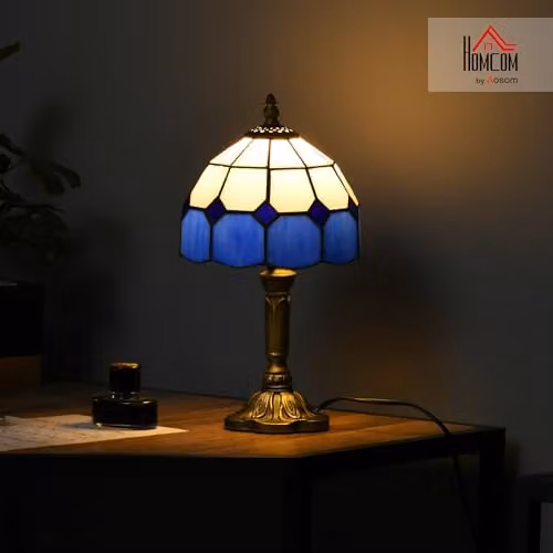 HOMCOM Art Deco Stained Glass Table Lamp in Blue and Bronze with Glass Dome Shade – 2