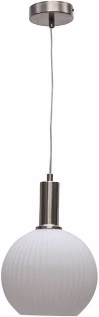 First Choice Lighting Betchley Art Deco Pendant Fitting with White Ribbed Glass Sphere and Silver Metal Finish