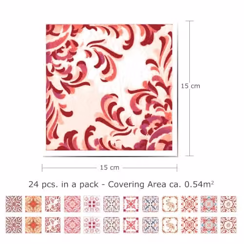 WALPLUS Moroccan Rose Red Mosaic Tile Stickers, 24 Pack, W/D/H: 15 x 15 x 0.25 cm, Waterproof Self Adhesive Decals for Kitchen and Bathroom Walls – 2
