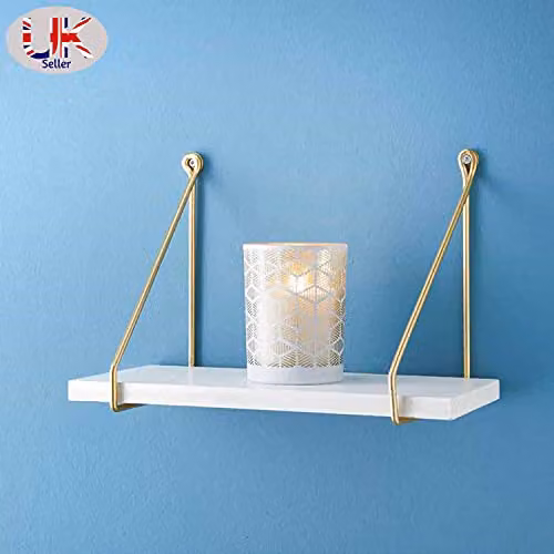 SPOT ON DEALZ Industrial Floating Wall Shelf, White MDF and Gold Metal, W: 40 cm, D: 15 cm, H: 20 cm – 2