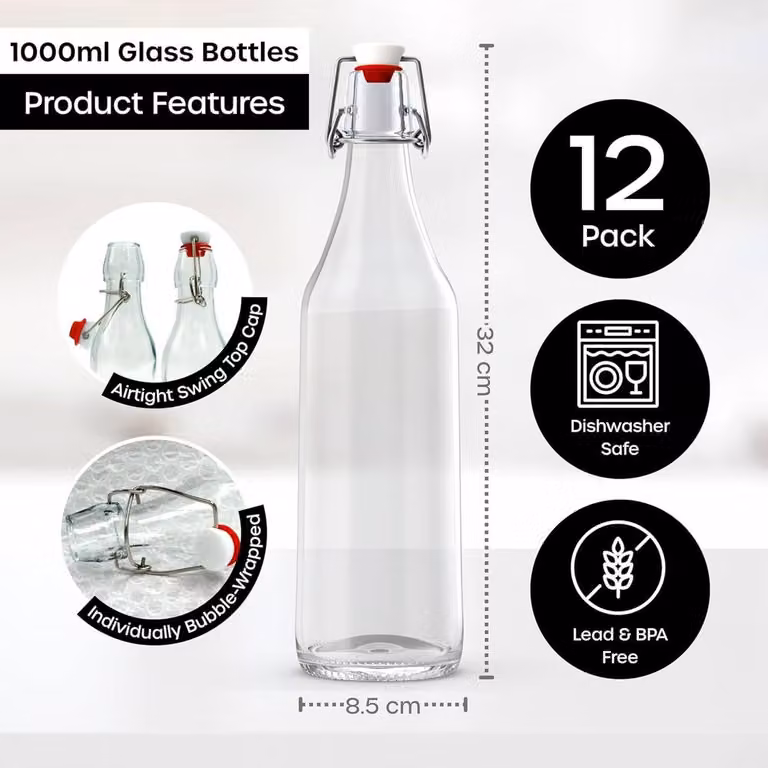 Volila 12 Pack Clear Glass Swing Top Bottles with Stoppers, 1000ml each