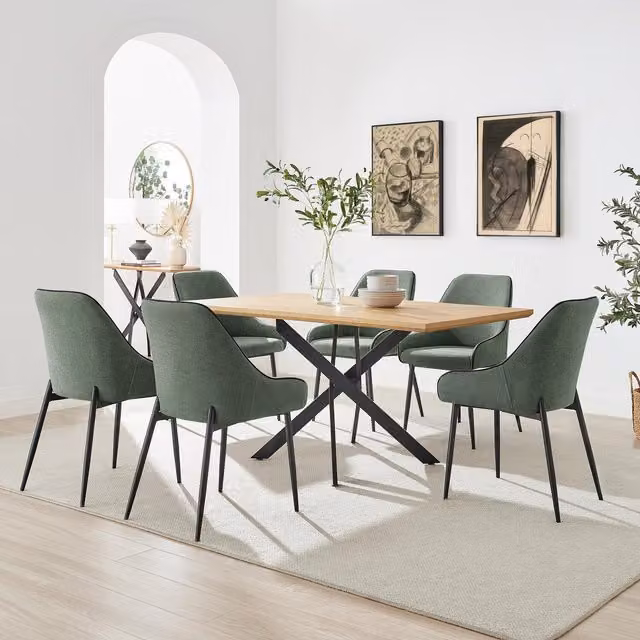FurnitureboxUK Leonardo Oak Effect Dining Table with 6 Beaumont Green Fabric Chairs