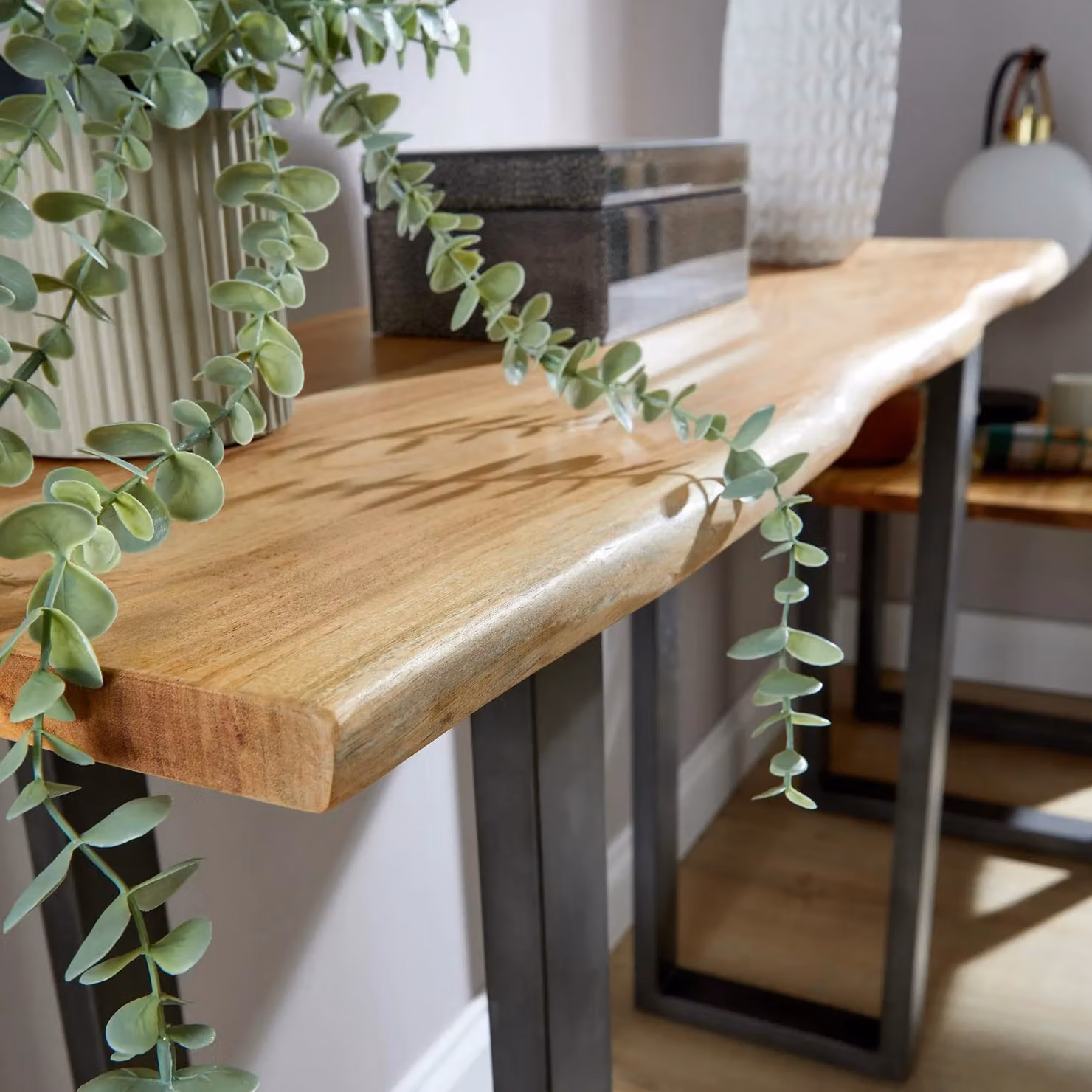 Home Source Live Edge Acacia Wood Console Table with Black Metal Legs in Natural and Brown – 2