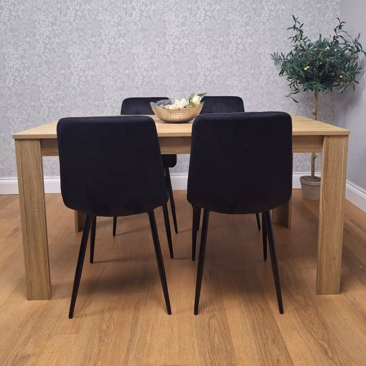 Kosy Koala Modern Oak Effect Dining Table Set with 4 Black Velvet Chairs in Brown – 2